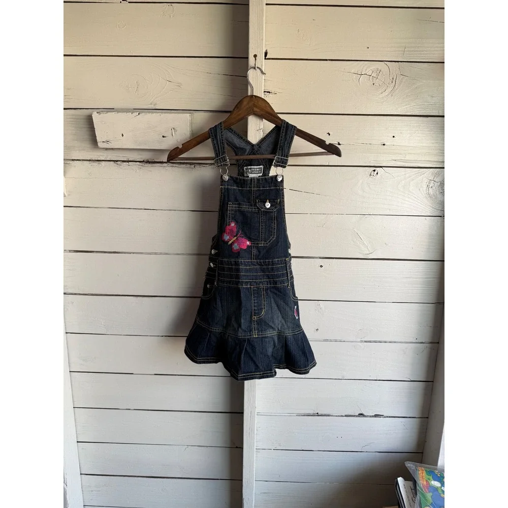 Route 66 Girls Denim Jumper Dress Dark Wash Butterfly Heart Embroidered Size 7/8